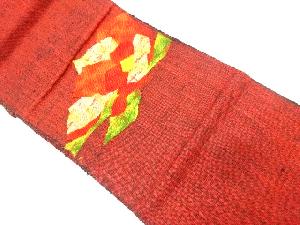 手織り真綿紬　抽象椿模様織り出し　名古屋帯